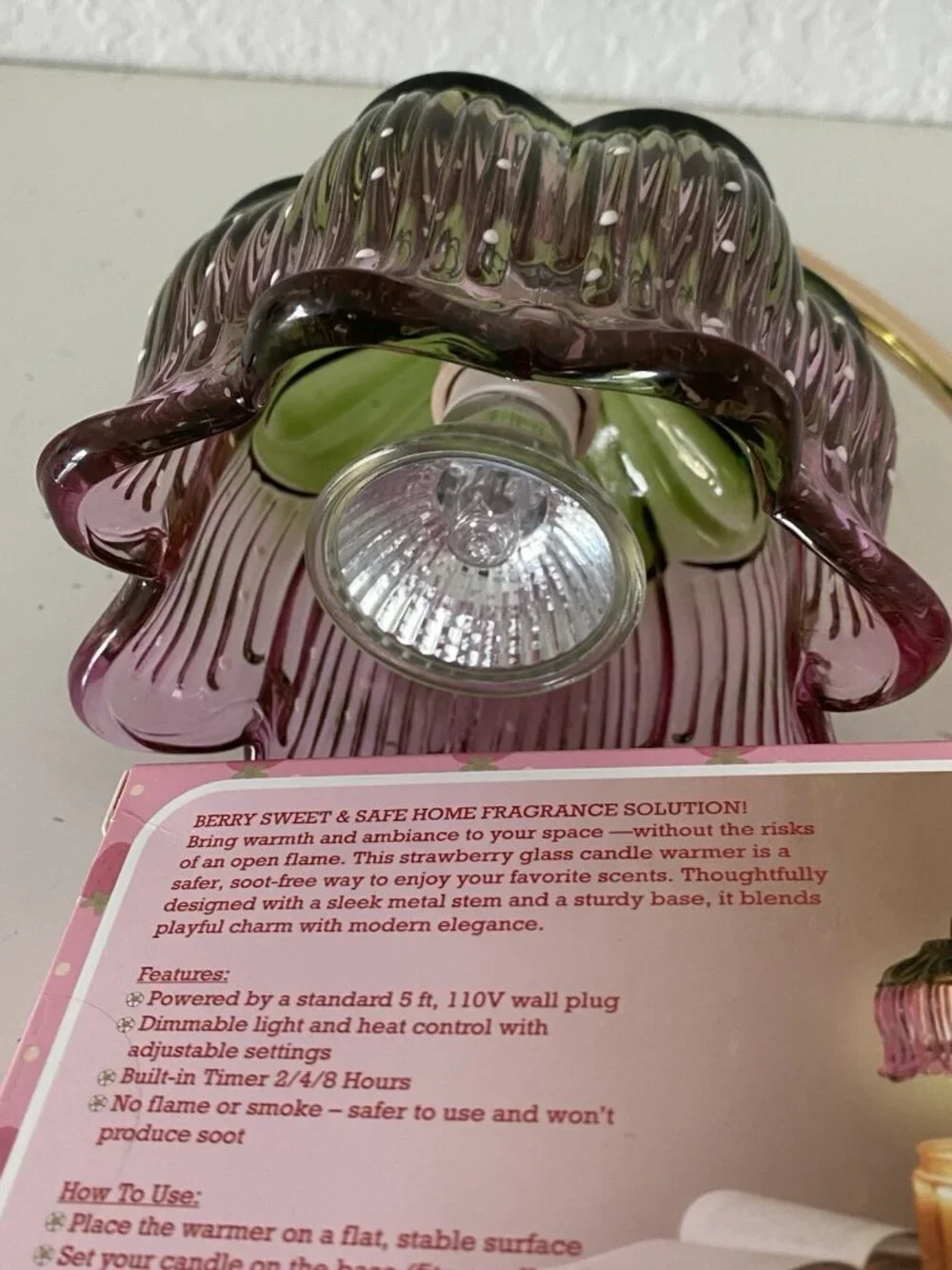 Strawberry Shortcake Candle Warmer Lamp Glass Shade PINK W/Marble Base VIRAL NEW